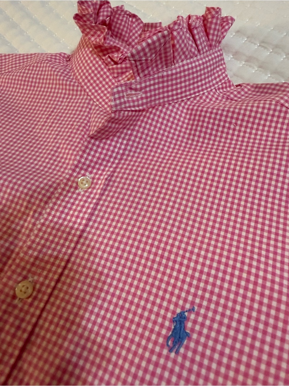 Upcycled Ralph Lauren Pink Gingham Ruffle Collar Button-Down Shirt - Picture 7 of 9